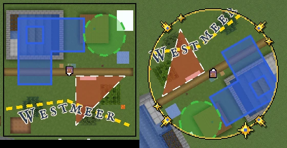 Region mit Loch, Kreis, Dreieck, Linie und der Name Westmeer in Kartenschrift auf der Minimap, genordet und gedreht
