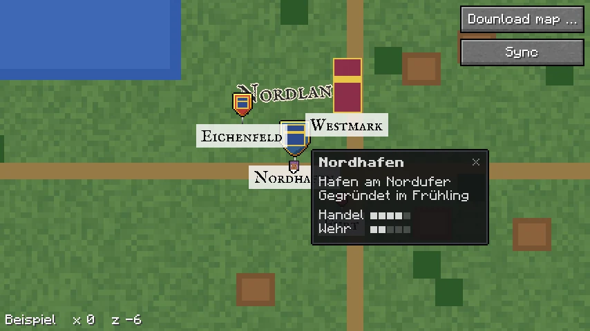 Die Vollbildkarte von Heroic Map mit einem Banner, Pins und der Infotafel des Orts Nordhafen