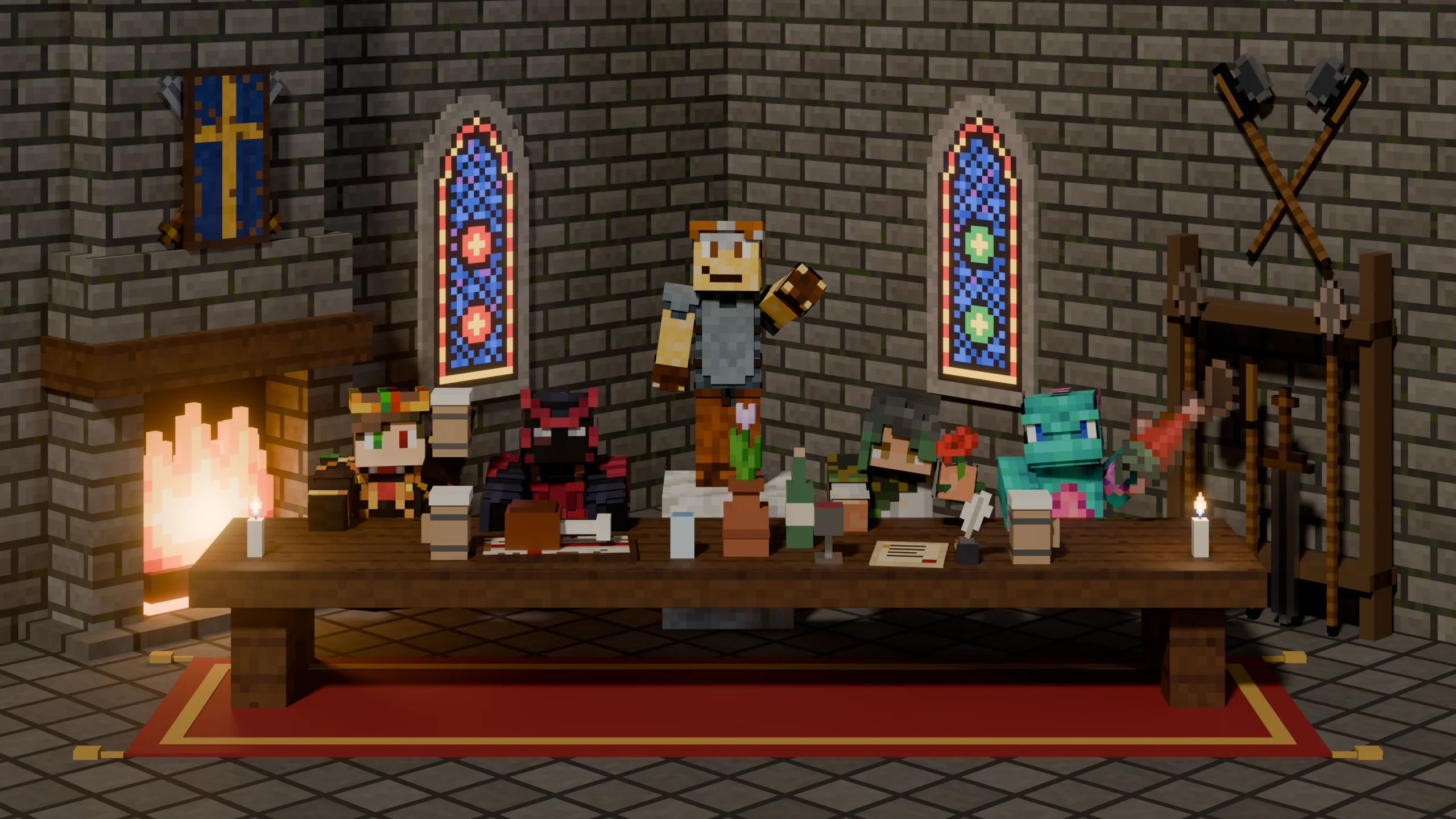 Das Management von Terranova als Minecraft-Figuren bei einer Versammlung in der Ecke einer alten Burghalle mit Kamin, Buntglasfenstern und Waffen an den Wänden: Glubschi2007 hebt einen Bierkrug, sidix84 isst eine Haxe vom eigenen Ritterschild, Nekyiaa hält eine Rose, davor liegen ein Schriftstück und ein Federkiel, und T0biiiii hält einen Lachs. Sie sitzen an einem alten Tisch mit Tulpe in der Vase, Bier und Wein auf einem Teppich mit Quasten; DoktorSnap steht dahinter auf einem Kalzitblock, davor ein Glas Wasser.